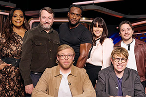 Rob Beckett's Smart TV. Image shows left to right: Alison Hammond, David Mitchell, Rob Beckett, Kadiff Kirwan, Anna Richardson, Josh Widdicombe, Ryan Sampson