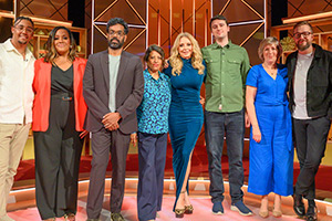 Romesh Ranganathan's Parents' Evening. Image shows left to right: Aiden Hammond, Alison Hammond, Romesh Ranganathan, Shanthi Ranganathan, Carol Vorderman, Cameron King, Alison Stirling, Iain Stirling. Credit: Ranga Bee