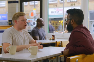 Romesh: Talking To Comedians. Image shows from L to R: Rob Beckett, Romesh Ranganathan