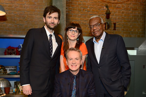 Room 101. Image shows from L to R: David Tennant, Aisling Bea, Frank Skinner, Trevor McDonald. Copyright: Hat Trick Productions