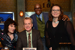 Room 101. Image shows from L to R: Noel Fielding, Frank Skinner, Ian Wright, Joanna Scanlan. Copyright: Hat Trick Productions