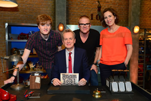 Room 101. Image shows from L to R: James Acaster, Frank Skinner, Heston Blumenthal, Kirsty Wark. Copyright: Hat Trick Productions