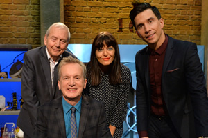 Room 101. Image shows from L to R: John Humphrys, Frank Skinner, Claudia Winkleman, Russell Kane. Copyright: Hat Trick Productions