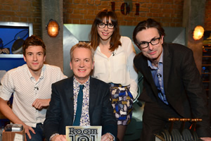 Room 101. Image shows from L to R: Greg James, Frank Skinner, Bridget Christie, Robert Peston. Copyright: Hat Trick Productions