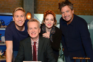 Room 101. Image shows from L to R: Russell Howard, Frank Skinner, Katherine Parkinson, John Torode. Copyright: Hat Trick Productions