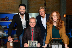 Room 101. Image shows from L to R: Rylan Clark-Neal, Frank Skinner, Nigel Havers, Catherine Tate. Copyright: Hat Trick Productions