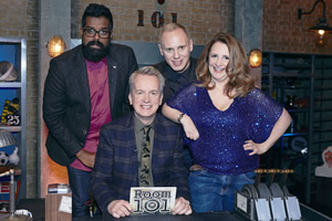 Room 101. Image shows from L to R: Romesh Ranganathan, Frank Skinner, Robert Rinder, Lucy Porter. Copyright: Hat Trick Productions