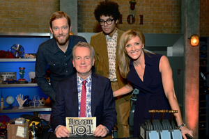 Room 101. Image shows from L to R: Alun Cochrane, Frank Skinner, Richard Ayoade, Gabby Logan. Copyright: Hat Trick Productions