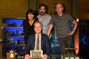 Room 101. Image shows from L to R: Davina McCall, Frank Skinner, Rob Delaney, Laurence Fox. Copyright: Hat Trick Productions