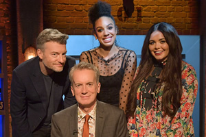 Room 101. Image shows from L to R: Charlie Brooker, Frank Skinner, Pearl Mackie, Scarlett Moffatt. Copyright: Hat Trick Productions