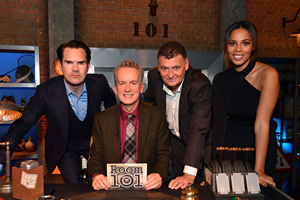 Room 101. Image shows from L to R: Jimmy Carr, Frank Skinner, Steven Moffat, Rochelle Humes. Copyright: Hat Trick Productions