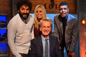 Room 101. Image shows from L to R: Nish Kumar, Roisin Conaty, Frank Skinner, Chris Kamara. Copyright: Hat Trick Productions