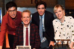 Room 101. Image shows from L to R: Phil Wang, Frank Skinner, Stephen Mangan, Holly Walsh. Copyright: Hat Trick Productions