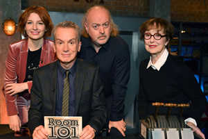 Room 101. Image shows from L to R: Alice Levine, Frank Skinner, Bill Bailey, Una Stubbs. Copyright: Hat Trick Productions