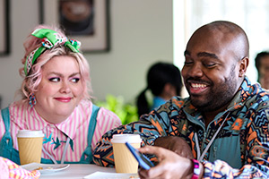 Ruby Speaking. Image shows left to right: Ruby (Jayde Adams), Cameron (Jamal Franklin)
