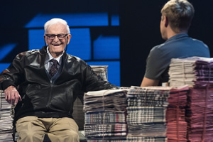 The Russell Howard Hour. Image shows from L to R: Harry Leslie Smith, Russell Howard. Copyright: Avalon Television