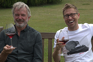 Russell Howard Stands Up To The World. Image shows from L to R: Sam Neill, Russell Howard. Copyright: Avalon Television