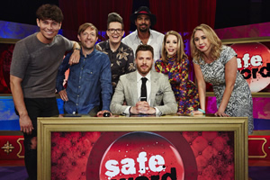 Safeword. Image shows from L to R: Joey Essex, Andrew Maxwell, David Morgan, Rick Edwards, David Haye, Katherine Ryan, Tiffany Stevenson