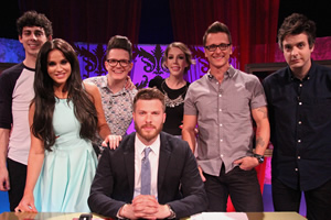 Safeword. Image shows from L to R: Matt Richardson, Vicky Pattison, David Morgan, Rick Edwards, Katherine Ryan, Ritchie Neville, Tom Craine