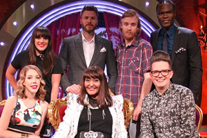 Safeword. Image shows from L to R: Katherine Ryan, Vikki Stone, Rick Edwards, Hilary Devey, Bobby Mair, David Morgan, Brian Belo