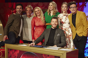 Safeword. Image shows from L to R: Patrick Monahan, Jamie Laing, Carol Vorderman, Tiffany Stevenson, Rick Edwards, Katherine Ryan, David Morgan