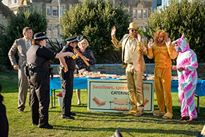 Sandylands. Image shows from L to R: Derek Swallows (David Walliams), Trudy Wright (Bronwyn James), Nathan Wild (Simon Bird), Jeannie Swallows (Sophie Thompson), Gold Statue (Daniel Hoffmann-Gill), Lion (Adam Loxley), Les Vegas (Sanjeev Bhaskar). Copyright: King Bert Productions