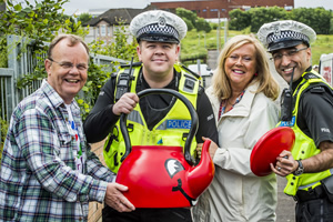 Scot Squad. Image shows from L to R: Artie Trezise, PC Hugh McKirdy (Graeme Stevely), Cilla Fisher, PC Surjit Singh (Manjot Sumal). Copyright: The Comedy Unit