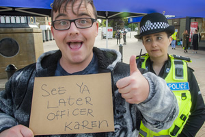 Scot Squad. Image shows from L to R: Bobby Muir (Darren Connell), Sergeant Karen Ann Millar (Karen Bartke). Copyright: The Comedy Unit