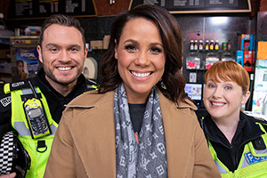 Scot Squad. Image shows from L to R: PC Jack McLaren (Jordan Young), Jean Johansson, PC Sarah Fletcher (Sally Reid). Copyright: The Comedy Unit