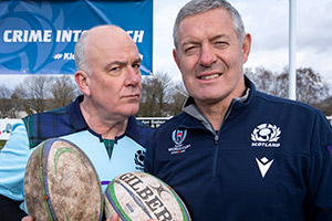 Scot Squad. Image shows from L to R: Chief Commissioner Cameron Miekelson (Jack Docherty), Gavin Hastings. Copyright: The Comedy Unit