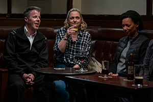 Screw. Image shows left to right: Gary Campbell (Stephen Wight), Jackie Stokes (Laura Checkley), Leigh Henry (Nina Sosanya)