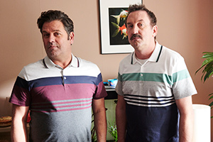 Semi-Detached. Image shows from L to R: Ted (Patrick Baladi), Stuart (Lee Mack). Copyright: Happy Tramp Productions