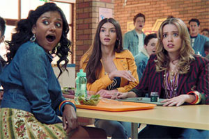 Sex Education. Image shows from L to R: Olivia Anand (Simone Ashley), Ruby Matthews (Mimi Keene), Aimee Gibbs (Aimee Lou Wood). Copyright: Eleven Film