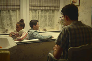 Sex Education. Image shows from L to R: Kate (Olivia Gray), Sam (Jonny Amies), Otis Milburn (Asa Butterfield). Copyright: Eleven Film