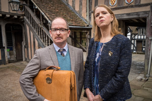 Shakespeare & Hathaway - Private Investigators. Image shows from L to R: Owain Pincott (Ian Hughes), Penelope Pincott (Vicki Pepperdine). Copyright: BBC