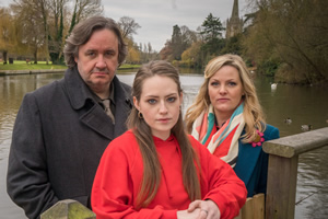 Shakespeare & Hathaway - Private Investigators. Image shows from L to R: Frank Hathaway (Mark Benton), Dita Pardey (Georgie Lord), Luella Shakespeare (Jo Joyner). Copyright: BBC