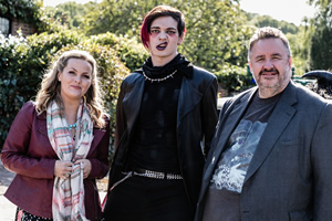 Shakespeare & Hathaway - Private Investigators. Image shows from L to R: Luella Shakespeare (Jo Joyner), Sebastian Brudenell (Patrick Walshe McBride), Frank Hathaway (Mark Benton)