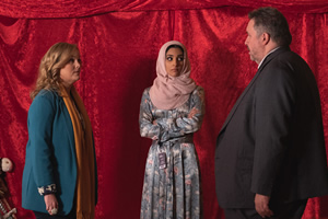 Shakespeare & Hathaway - Private Investigators. Image shows from L to R: Luella Shakespeare (Jo Joyner), Jasra Hatoum (Chandeep Uppal), Frank Hathaway (Mark Benton)