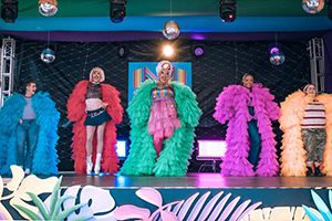 Smoggie Queens. Image shows left to right: Stewart (Elijah Young), Dickie (Phil Dunning), Mam (Mark Benton), Lucinda (Alexandra Mardell), Sal (Patsy Lowe)