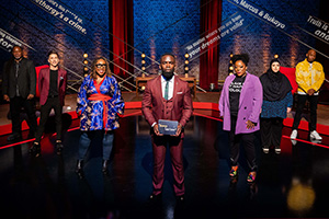 Sorry, I Didn't Know. Image shows from L to R: Reginald D Hunter, Russell Kane, Chizzy Akudolu, Jimmy Akingbola, Judi Love, Fatiha El-Ghorri, Dane Baptiste. Copyright: Triforce Productions