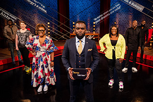 Sorry, I Didn't Know. Image shows from L to R: Stephen K Amos, Bethany Black, Chizzy Akudolu, Jimmy Akingbola, Judi Love, Eddie Kadi, Kojo Anim. Copyright: Triforce Productions