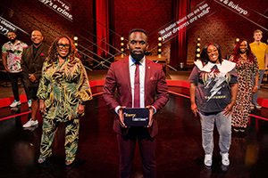 Sorry, I Didn't Know. Image shows from L to R: Humza Arshad, Curtis Walker, Chizzy Akudolu, Jimmy Akingbola, Judi Love, Sikisa, James Acaster. Copyright: Triforce Productions