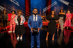 Sorry, I Didn't Know. Image shows from L to R: Shazia Mirza, Kemah Bob, Chizzy Akudolu, Jimmy Akingbola, Judi Love, Verona Rose, Sara Pascoe. Copyright: Triforce Productions