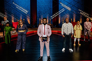 Sorry, I Didn't Know. Image shows left to right: Shaun Wallace, Yuriko Kotani, Chizzy Akudolu, Jimmy Akingbola, Eddie Kadi, Dominique Davis, Jack Barry