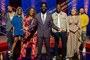 Sorry, I Didn't Know. Image shows left to right: Jordan Stephens, Oti Mabuse, Chizzy Akudolu, Jimmy Akingbola, Eddie Kadi, Kiri Pritchard-McLean, Kae Kurd