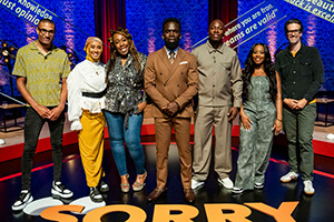 Sorry, I Didn't Know. Image shows left to right: Richie Anderson, Ola Labib, Chizzy Akudolu, Jimmy Akingbola, Eddie Kadi, Nadia Jae, Marcus Brigstocke