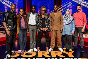 Sorry, I Didn't Know. Image shows left to right: Richard Blackwood, Adjoa Andoh, Jimmy Akingbola, Chizzy Akudolu, Eddie Kadi, Fatiha El-Ghorri, Ignacio Lopez