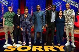 Sorry, I Didn't Know. Image shows left to right: Josh Jones, Eddie Nestor, Chizzy Akudolu, Eddie Kadi, Stephen K Amos, Nina Wadia, DJ Target