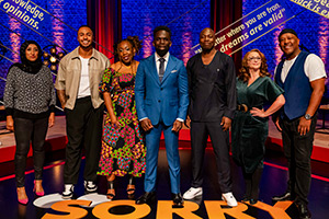 Sorry, I Didn't Know. Image shows left to right: Shazia Mirza, Tyler West, Chizzy Akudolu, Jimmy Akingbola, Eddie Kadi, Lucy Porter, Curtis Walker