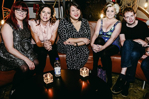 Stand-Up For Radio Wales. Image shows from L to R: Angela Barnes, Lou Sanders, Evelyn Mok, Kiri Pritchard-McLean, Matt Rees